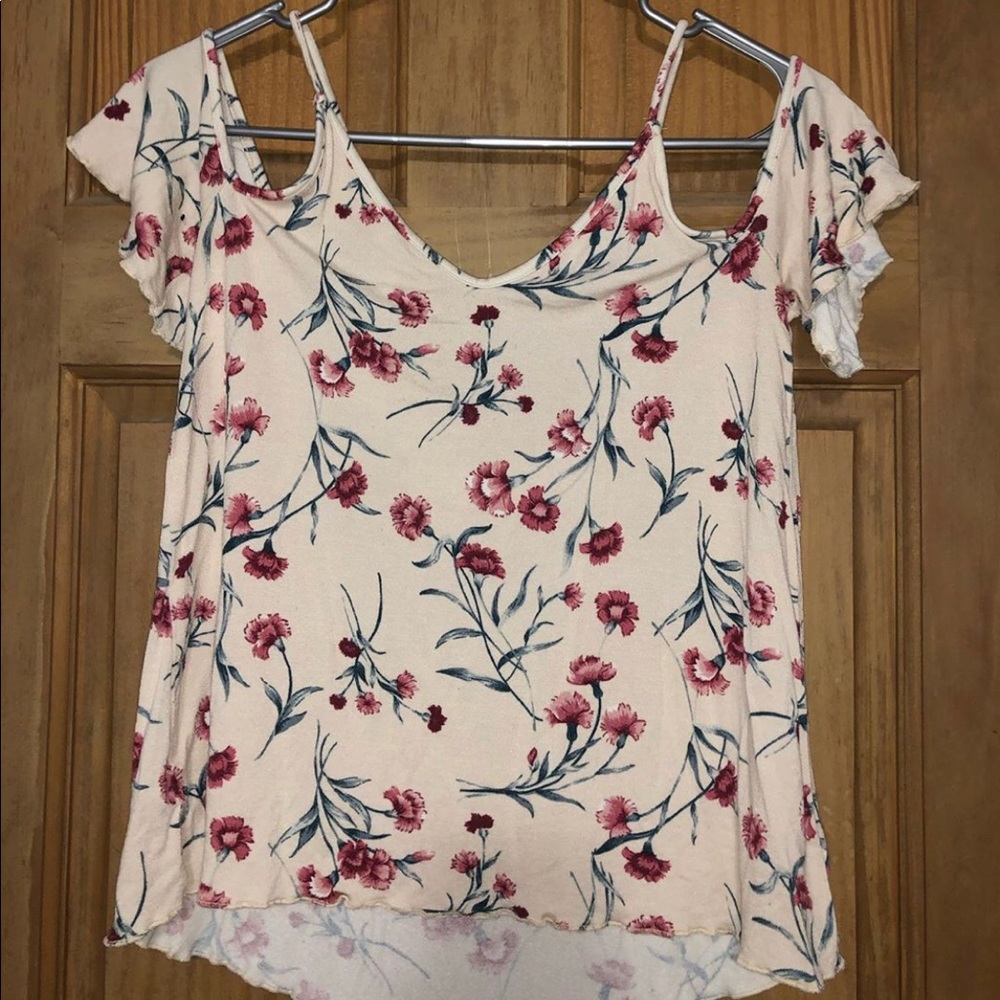 AE soft & sexy creme floral off the shoulder shirt